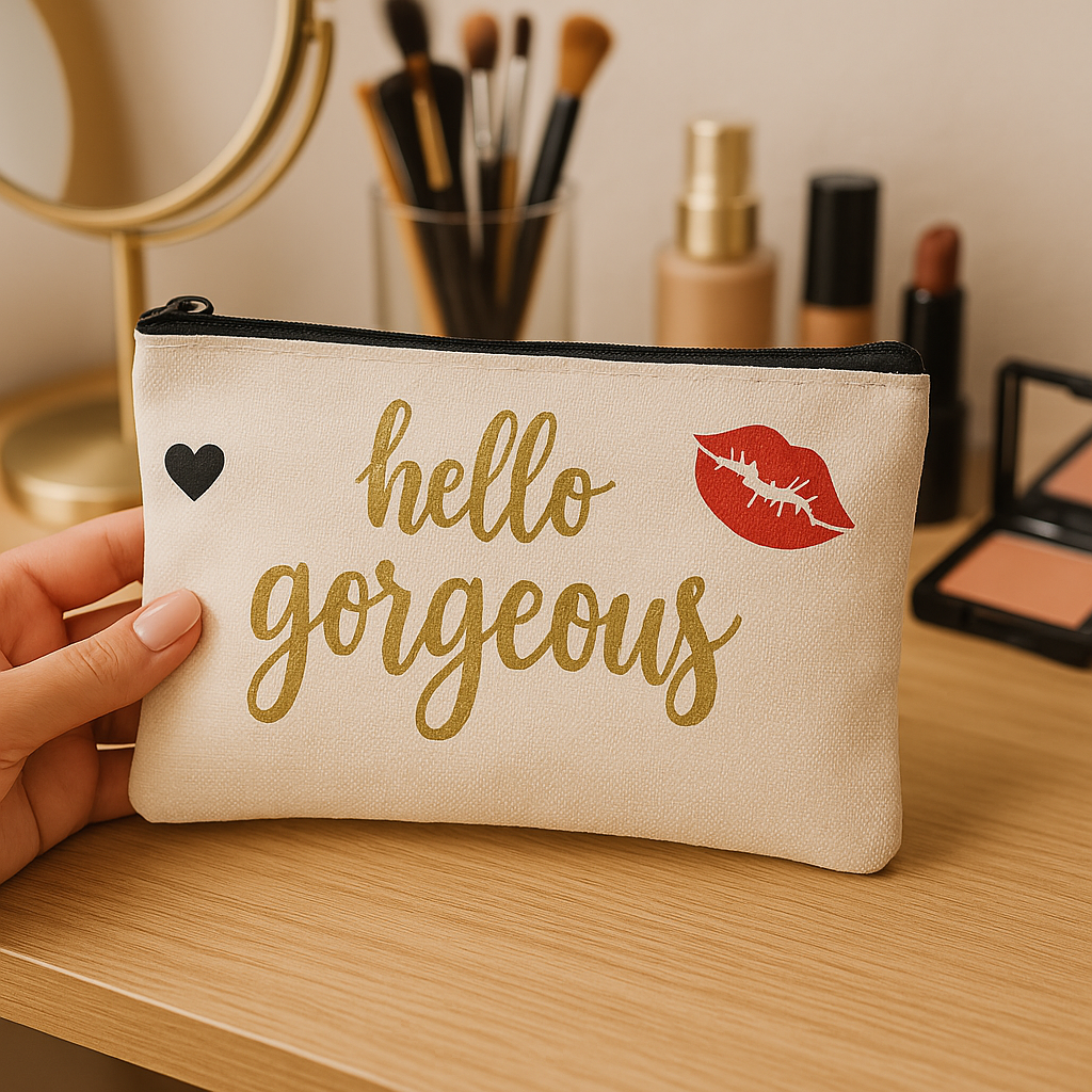 Personalised Makeup Bag – “Hello Gorgeous” Cosmetic Pouch with Red Lip Print.
