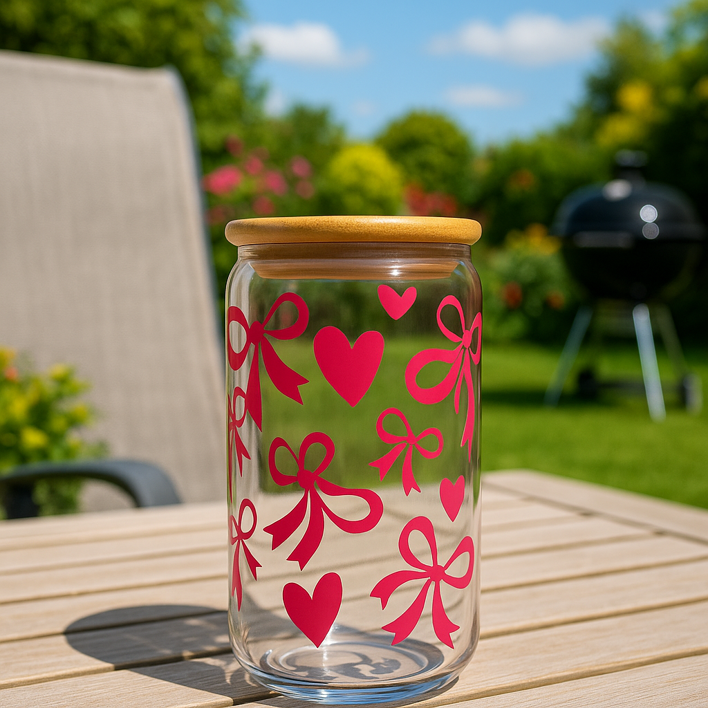 Personalised 16oz Glass Jar Tumbler with Pink Bows and Hearts Bamboo Lid with a Glass Straw. Free Delivery in Ireland.
