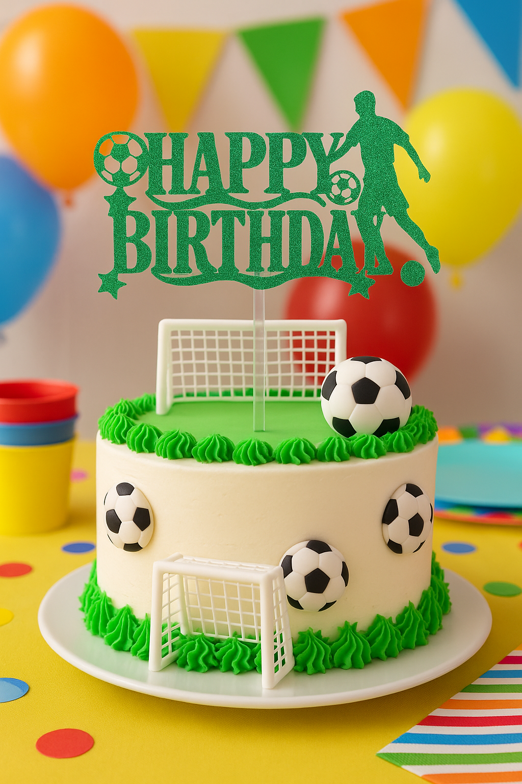 Football Birthday Cake Topper – Green Glitter Acrylic – Soccer Party Décor with Clear Acrylic Stick