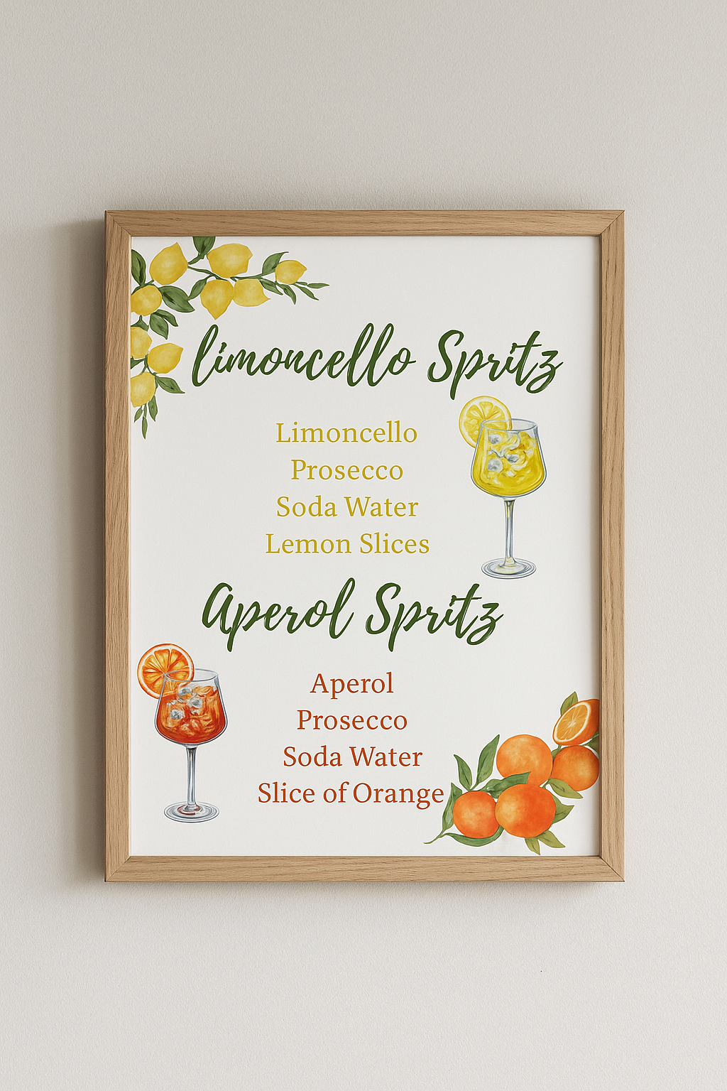 Limoncello & Aperol Spritz Cocktail Menu – Digital Download | Watercolour Bar Art