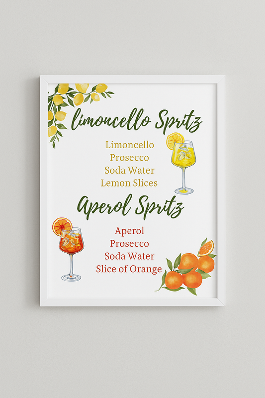 Limoncello & Aperol Spritz Cocktail Menu – Digital Download | Watercolour Bar Art