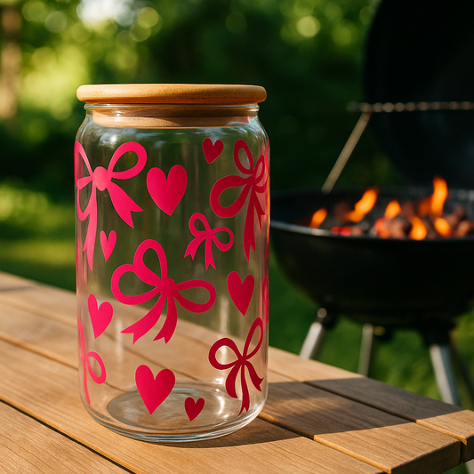 Personalised 16oz Glass Jar Tumbler with Pink Bows and Hearts Bamboo Lid with a Glass Straw. Free Delivery in Ireland.