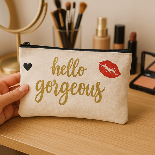 Personalised Makeup Bag – “Hello Gorgeous” Cosmetic Pouch with Red Lip Print.